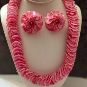 Vintage Signed Crown Trifari Pink Discs Necklace ands earrings Set